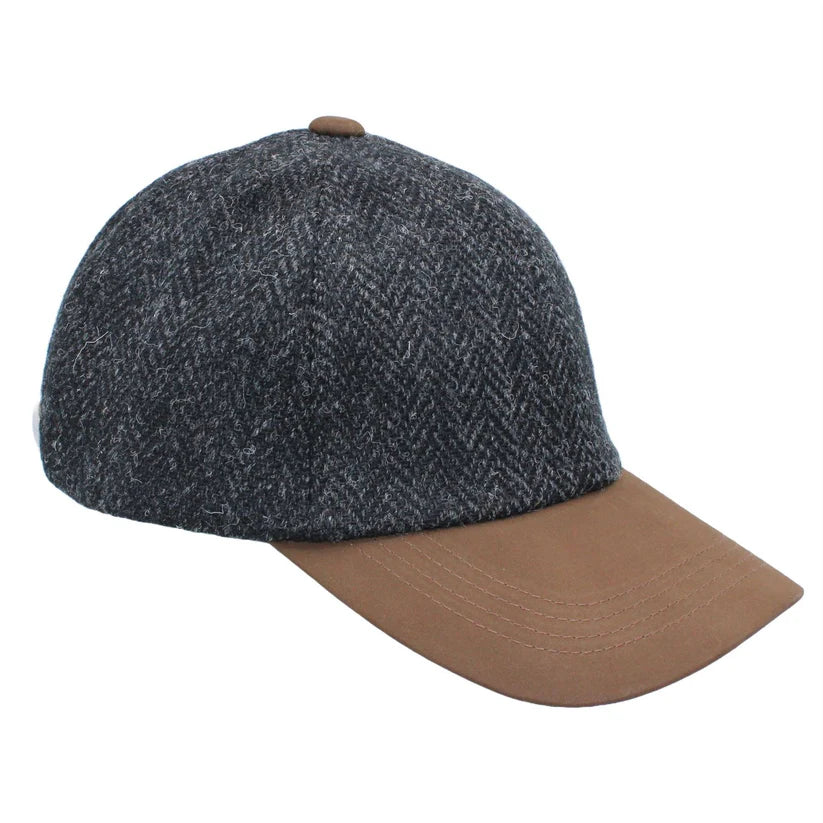 Harris Tweed Charcoal Herringbone Leather Peak Baseball Cap