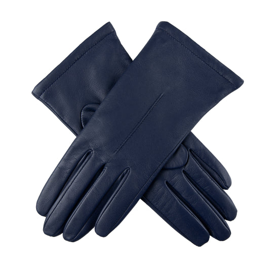 Dents Ladies Leather Touchscreen Faux Fur-lined Gloves in Navy