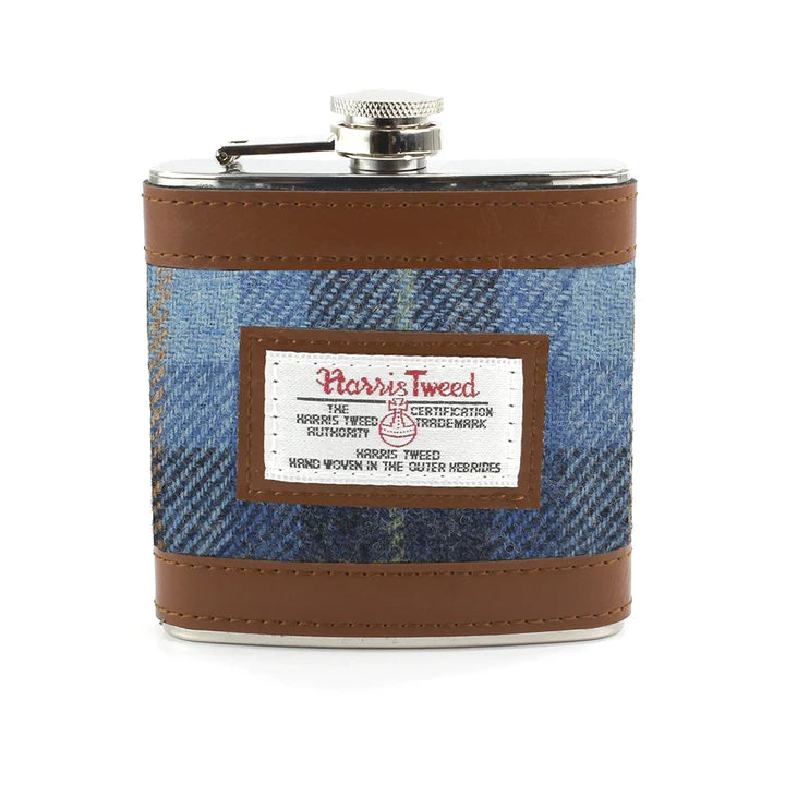 Harris Tweed Hip Flask in Light Blue Check Tweed