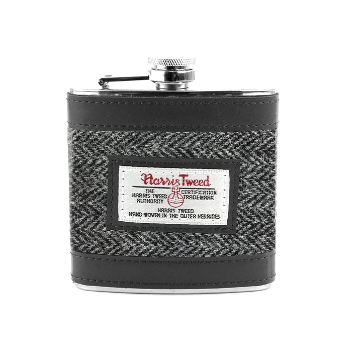 Harris Tweed Hip Flask in Grey Herringbone Tweed