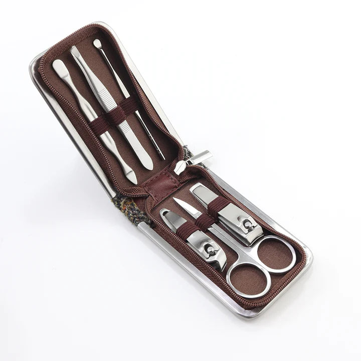 Harris Tweed Manicure Set in Brown Check Tweed