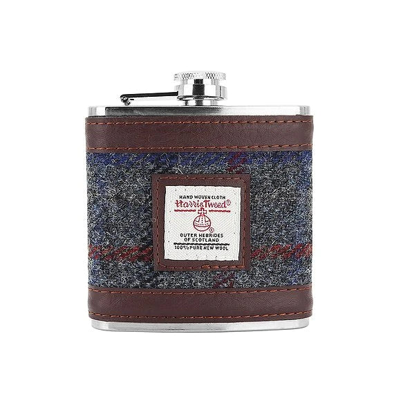 Harris Tweed Hip Flask in Grey Multi-Check Tweed