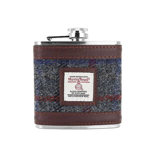 Harris Tweed Hip Flask in Grey Multi-Check Tweed