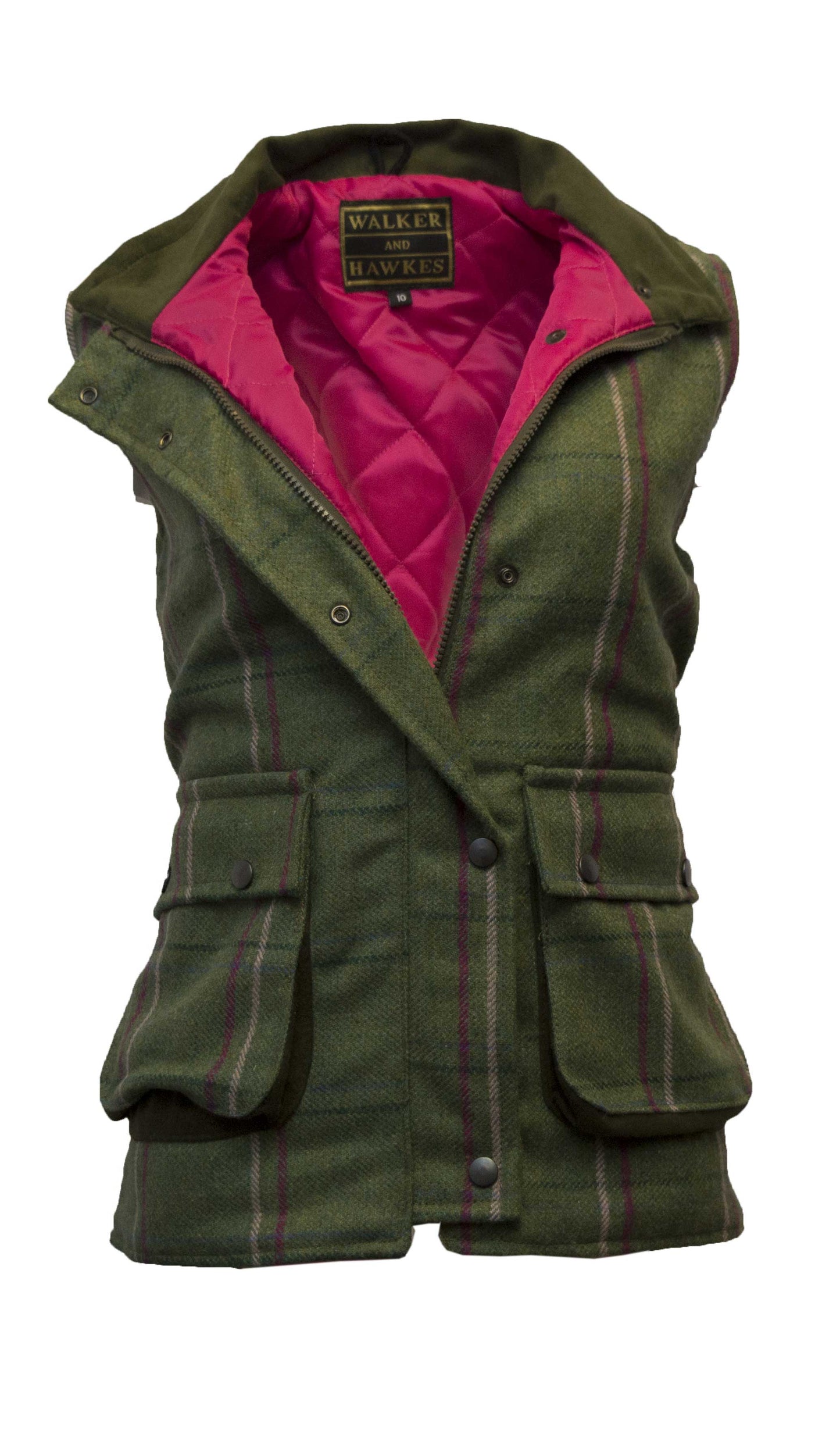 Walker & Hawkes Ladies Derby Tweed Shooting Gilet with Pink overcheck