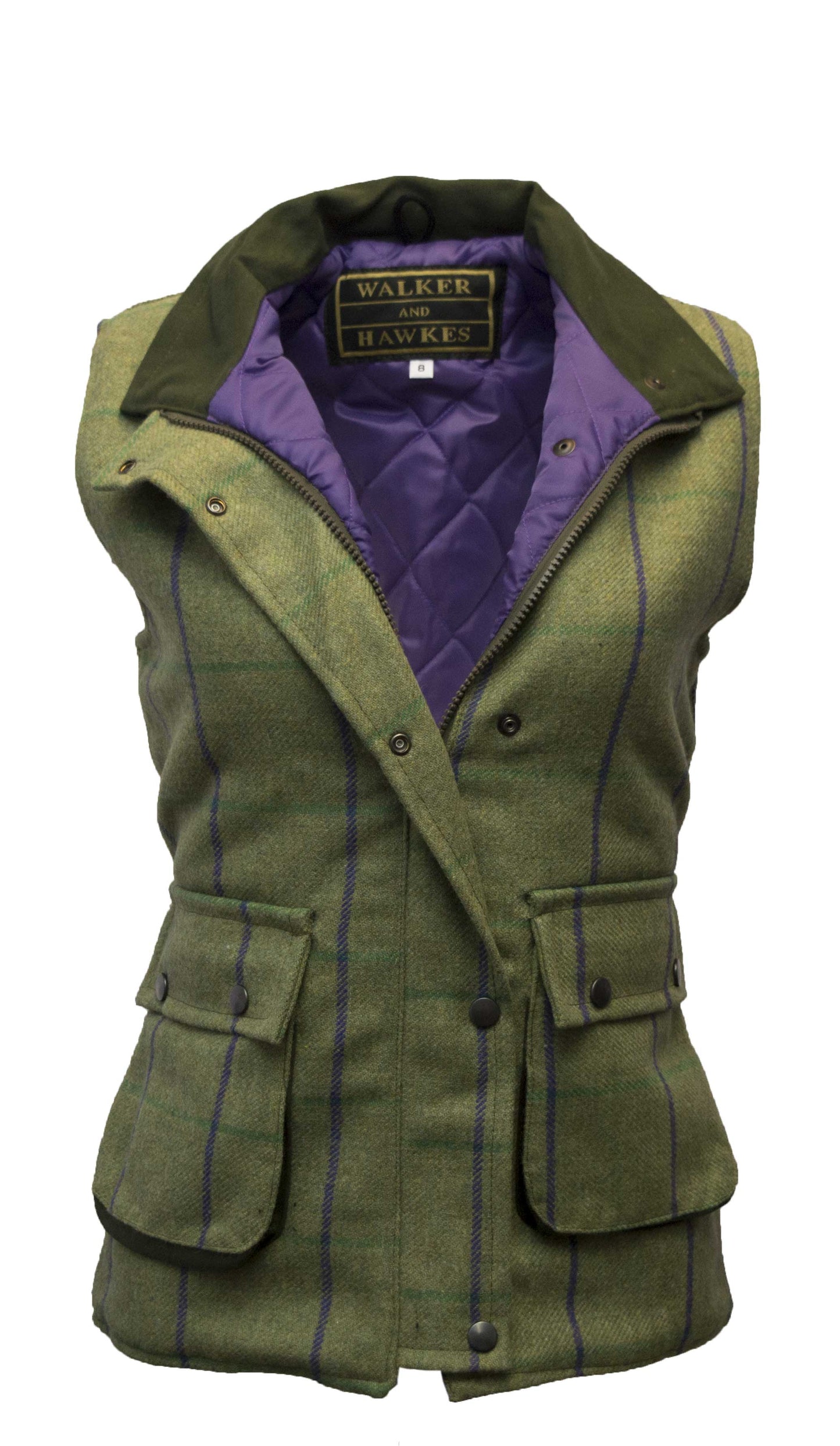 Walker & Hawkes Ladies Bayston Tweed Gilet with Purple Overcheck
