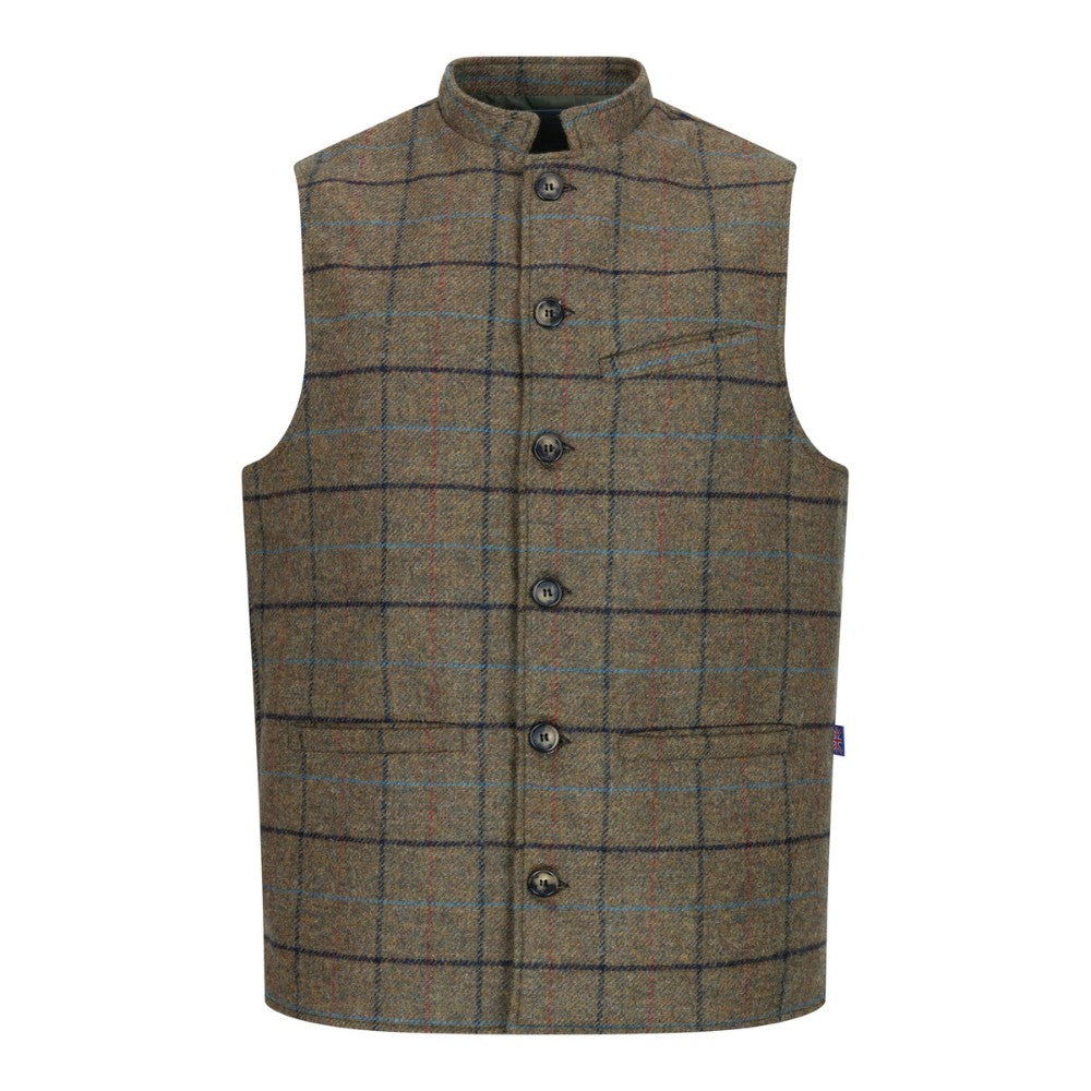 Walker & Hawkes Nehru Abraham Moon Green Overcheck Tweed Waistcoat