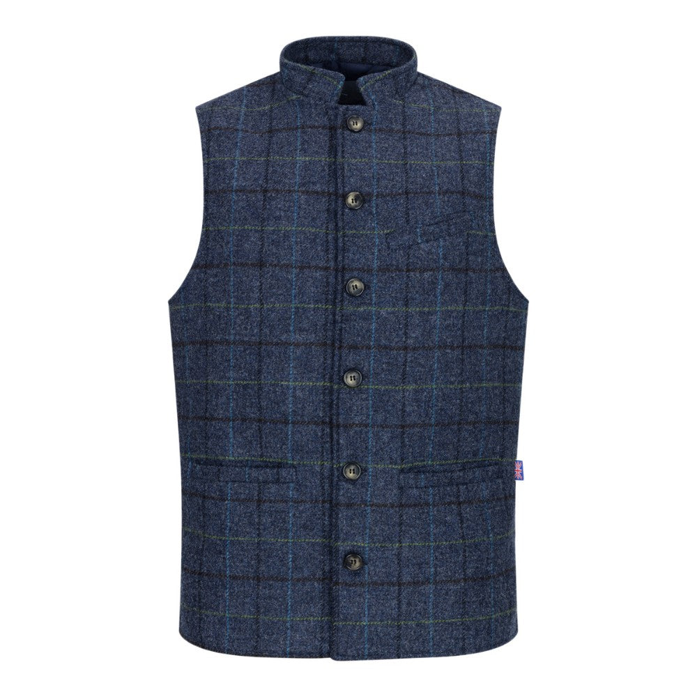 Walker & Hawkes Nehru Abraham Moon Blue Overcheck Tweed Waistcoat