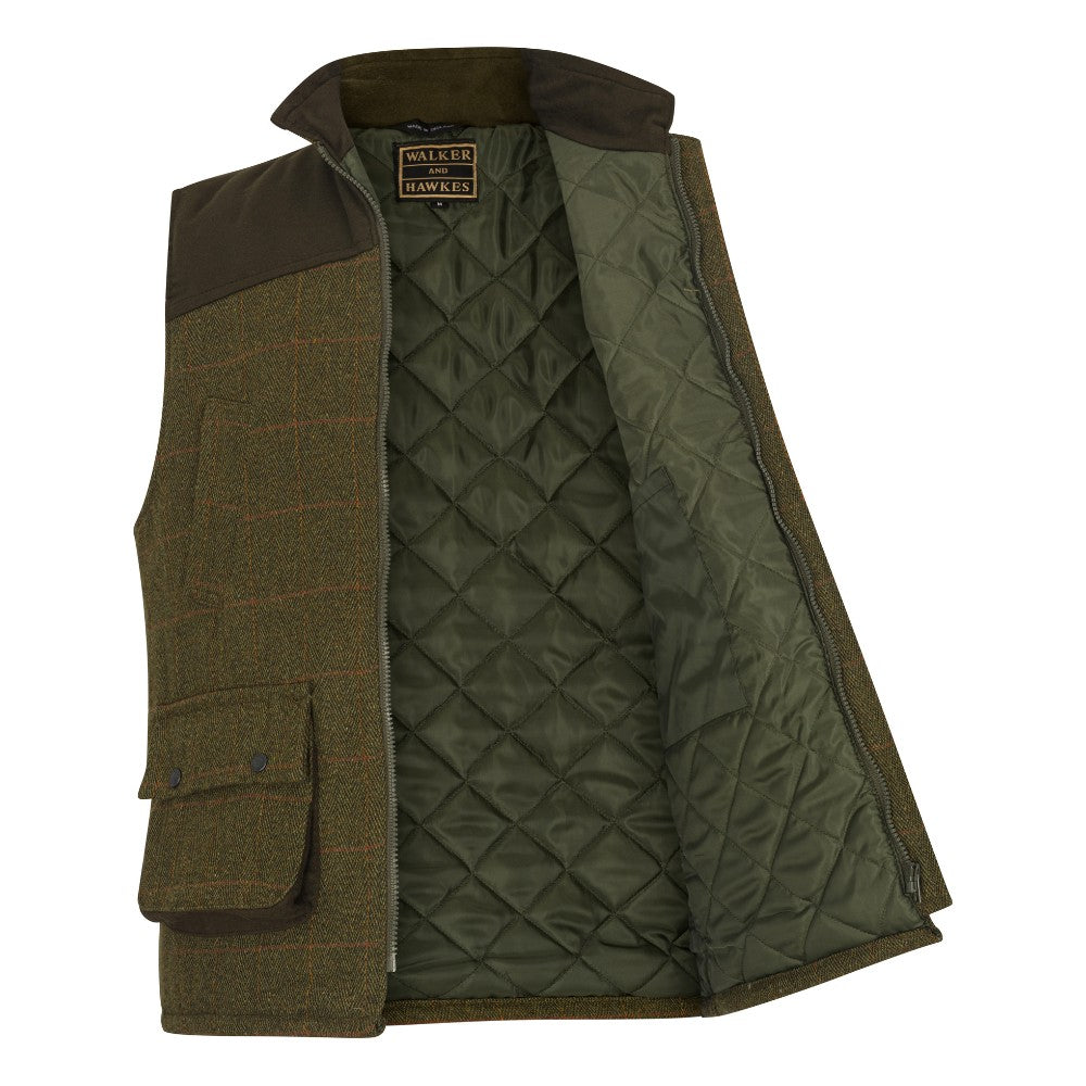 Men's Walker & Hawkes Tweed Shooting Gilet W/Shoulder Patch in Dark Sage