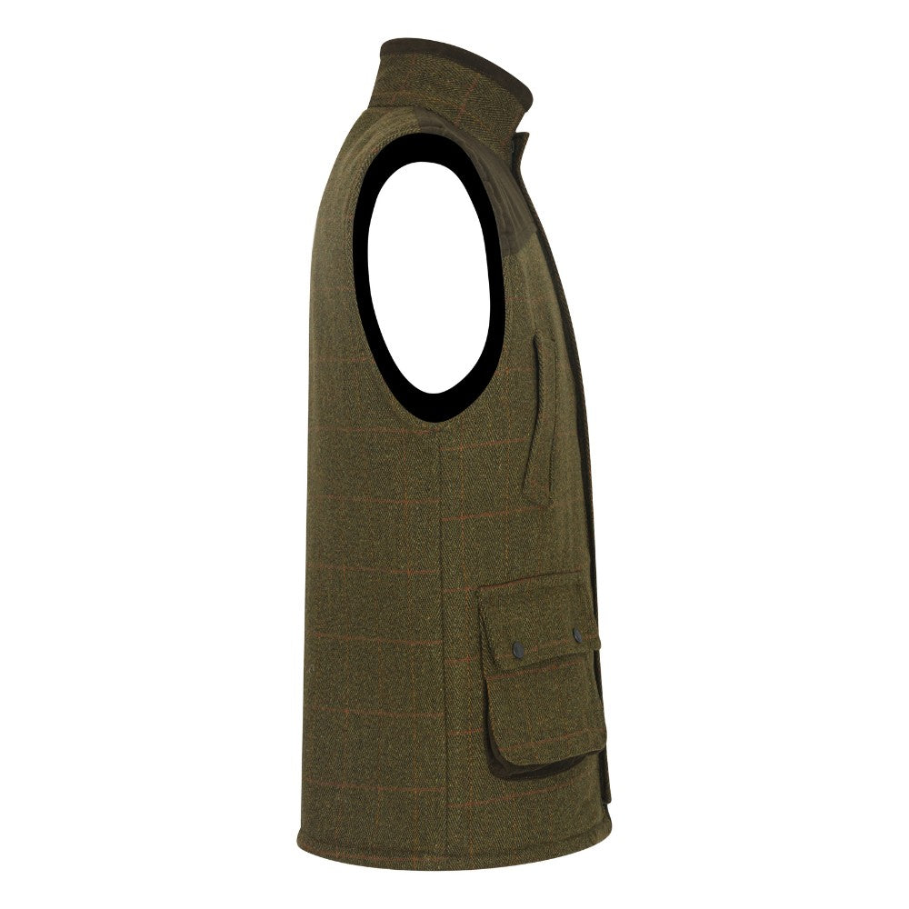 Men's Walker & Hawkes Tweed Shooting Gilet W/Shoulder Patch in Dark Sage