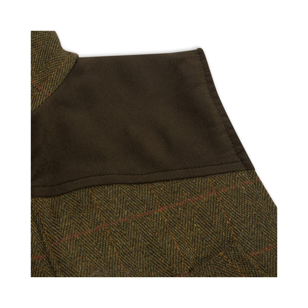 Men's Walker & Hawkes Tweed Shooting Gilet W/Shoulder Patch in Dark Sage