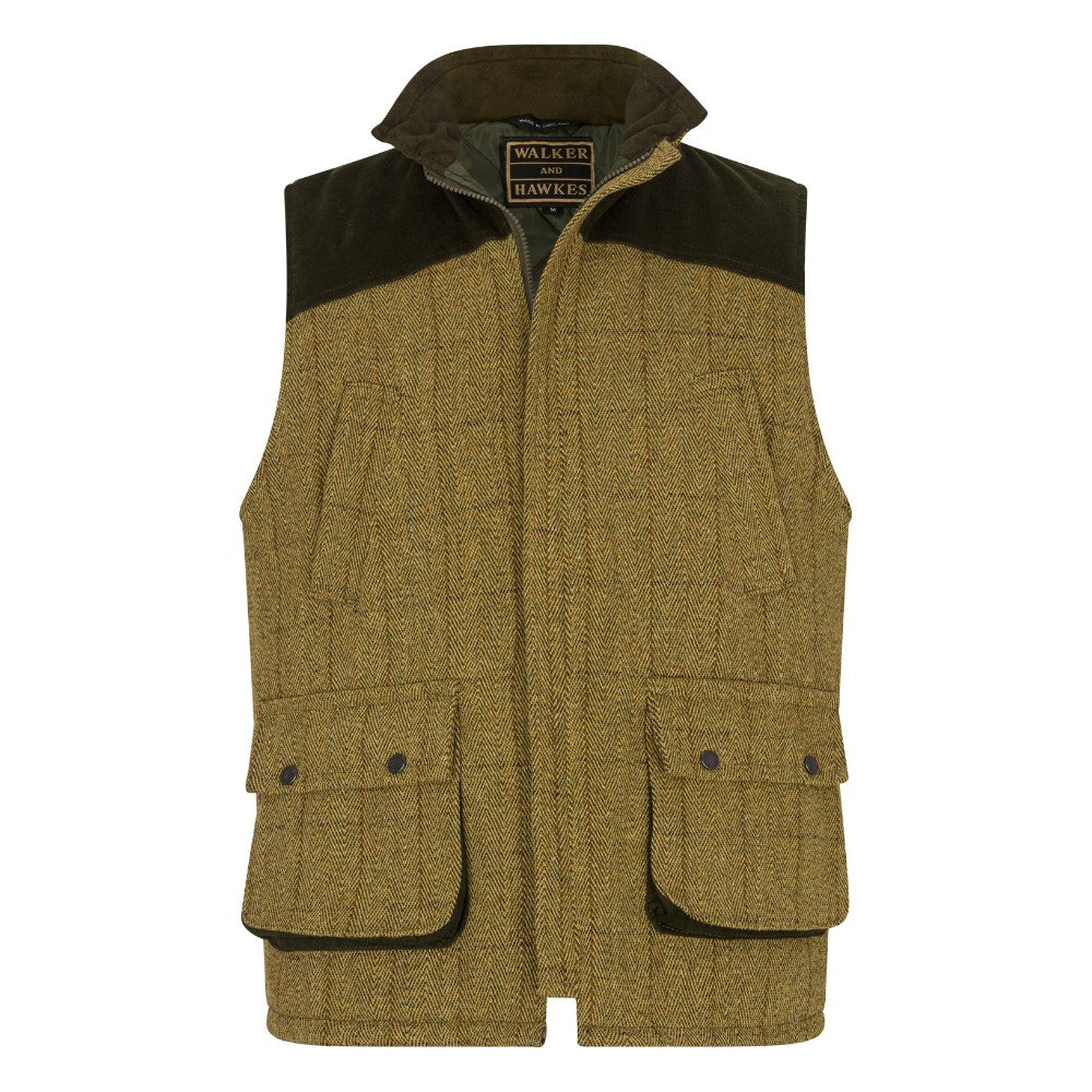 Men's Walker & Hawkes Tweed Shooting Gilet W/Shoulder Patch in Light Sage