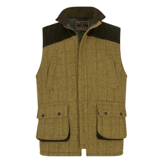 Men's Walker & Hawkes Tweed Warrington Shooting Gilet W/Shoulder Patch in Light Sage