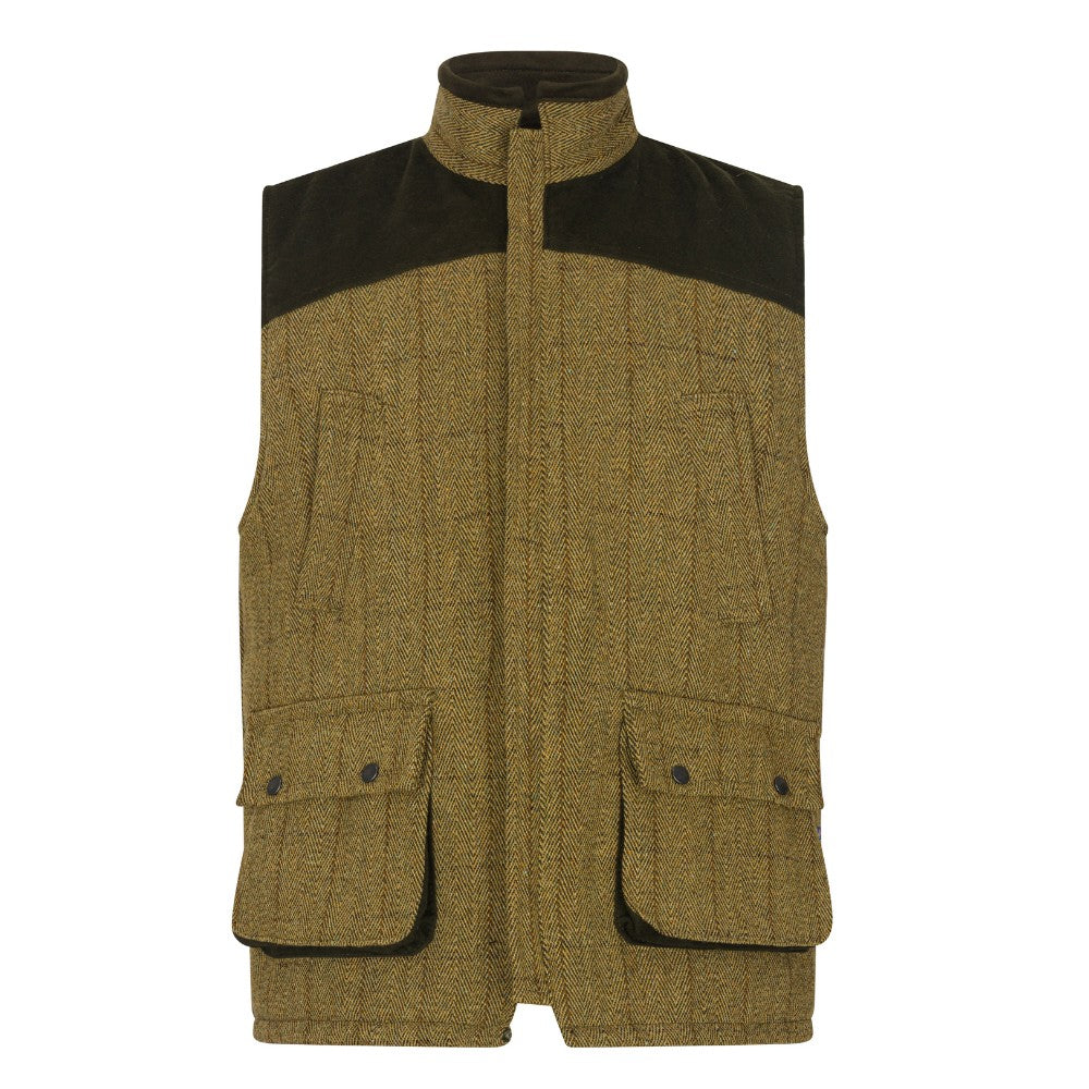 Men's Walker & Hawkes Tweed Shooting Gilet W/Shoulder Patch in Light Sage