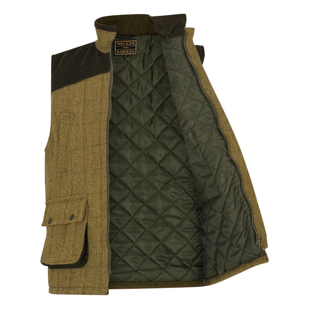 Men's Walker & Hawkes Tweed Shooting Gilet W/Shoulder Patch in Light Sage