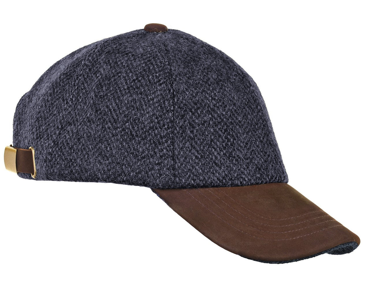 Harris Tweed Black Herringbone Leather Peak Baseball Cap