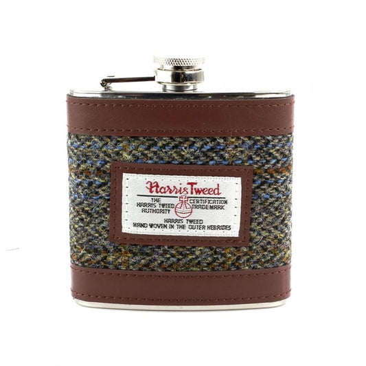 Harris Tweed Hip Flask in Brown Check Tweed