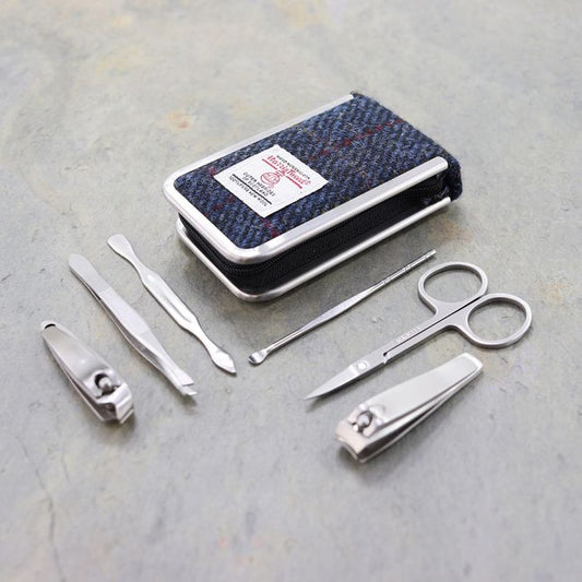 Harris Tweed Manicure Set in Blue Check Tweed