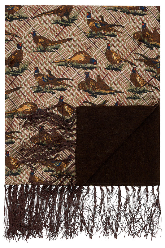 Pheasants on Tweed Ground Wool & Silk Scarf