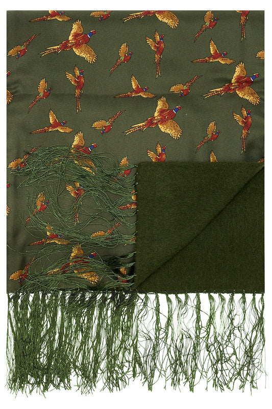 Flying Pheasants Green Wool & Silk Scarf
