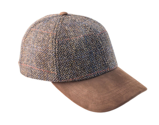 Harris Tweed Grey with Orange Check Leather Peak Baseball Cap
