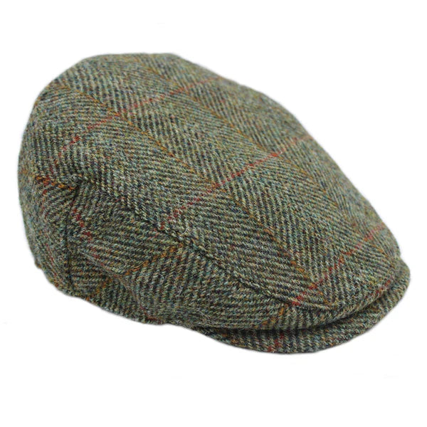 Harris Tweed Sage with Wine & Gold Overcheck Herringbone Flat Cap