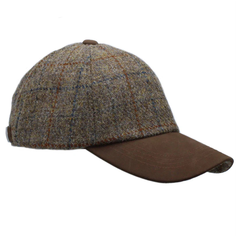 Harris Tweed Green with Multi-Check Leather Peak Baseball Cap