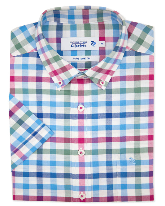 Blue and Red Large Gingham Check 100% Cotton Short Sleeve Shirt