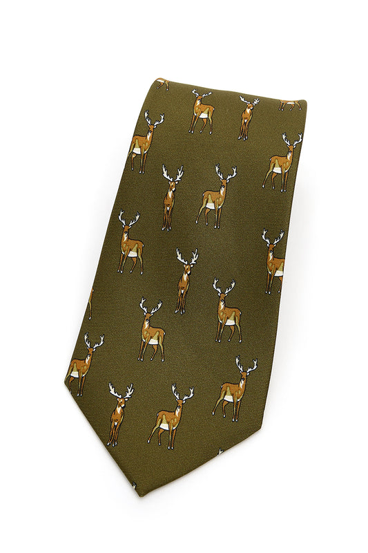 Standing Stag Country Silk Tie in Green