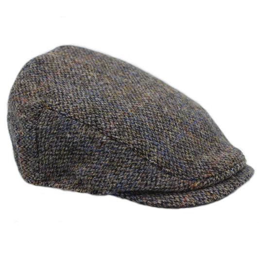 Harris Tweed Grey with Multi Overcheck Flat Cap
