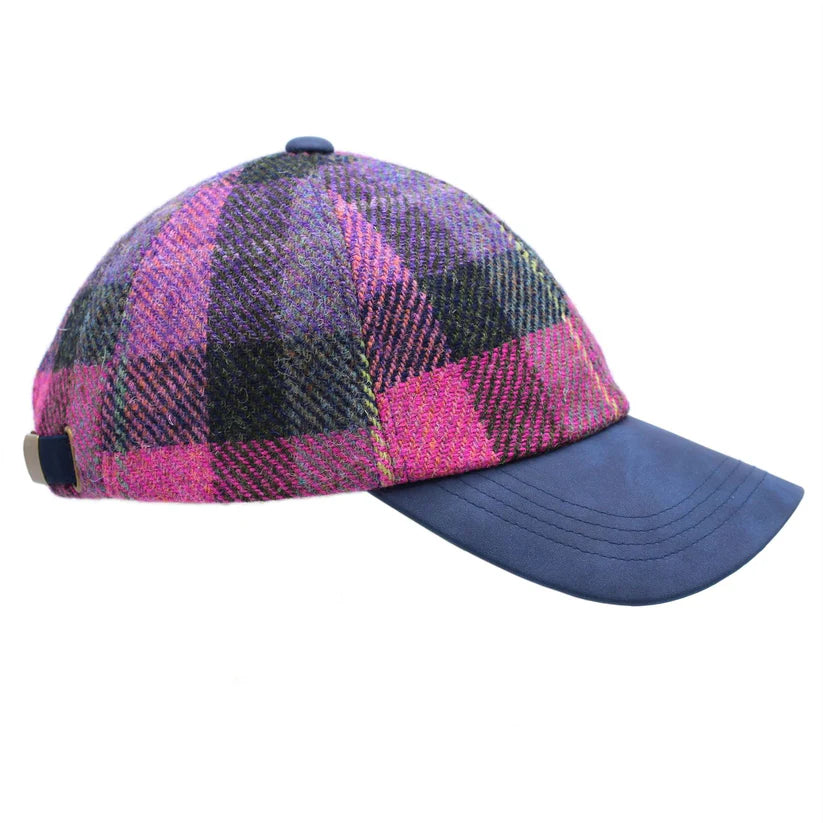 Harris Tweed Ladies Clover Pastel Check Leather Peak Baseball Cap