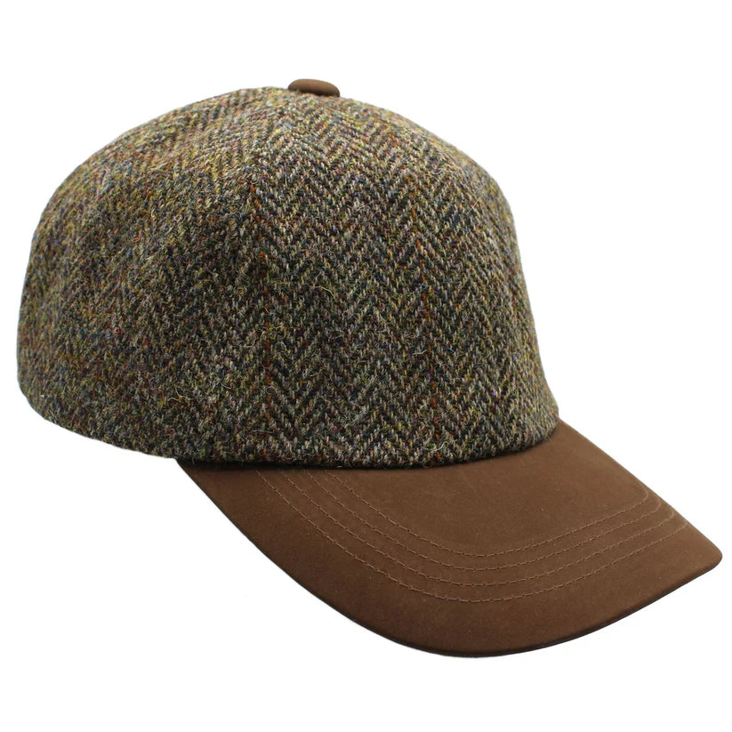 Harris Tweed Green & Brown Herringbone Leather Peak Baseball Cap