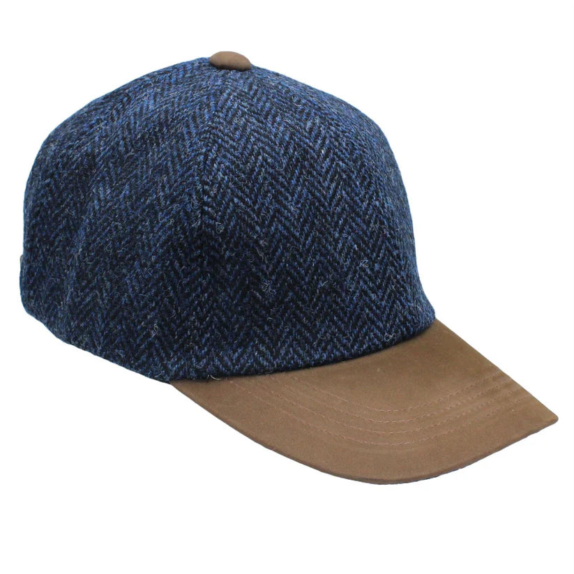 Harris Tweed Blue Herringbone Leather Peak Baseball Cap