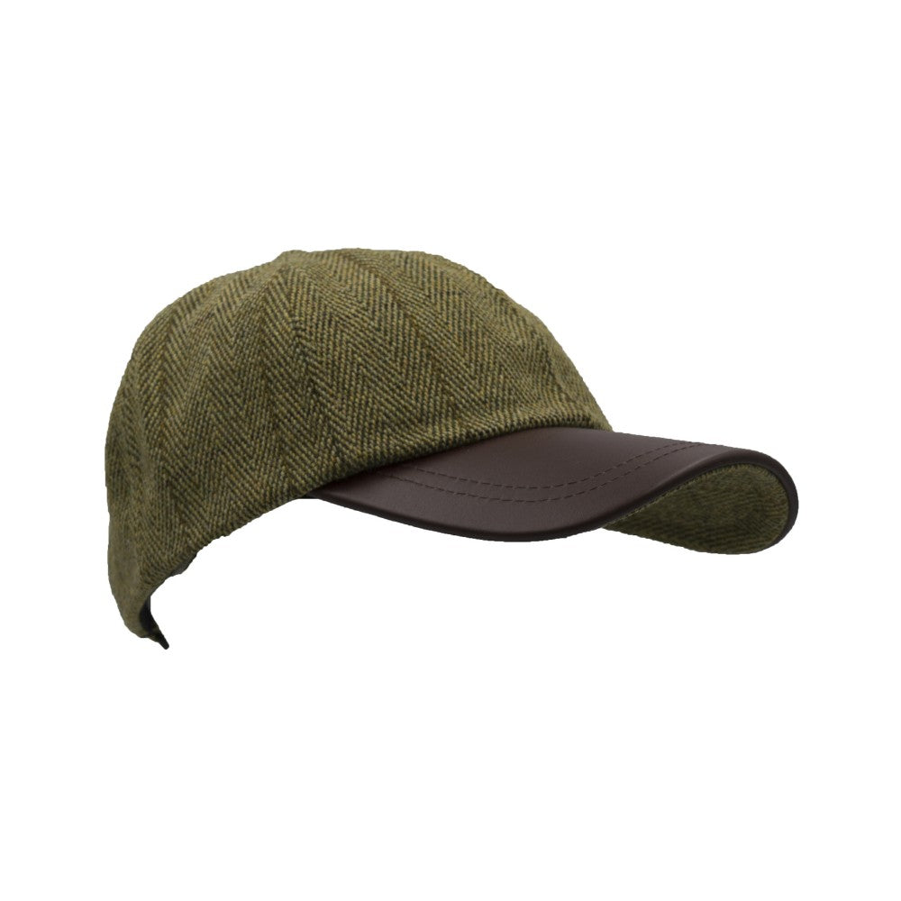 Walker & Hawkes Derby Tweed Duncan Leather Peak Baseball Cap in Light Sage