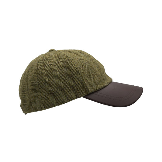 Walker & Hawkes Derby Tweed Duncan Leather Peak Baseball Cap in Dark Sage