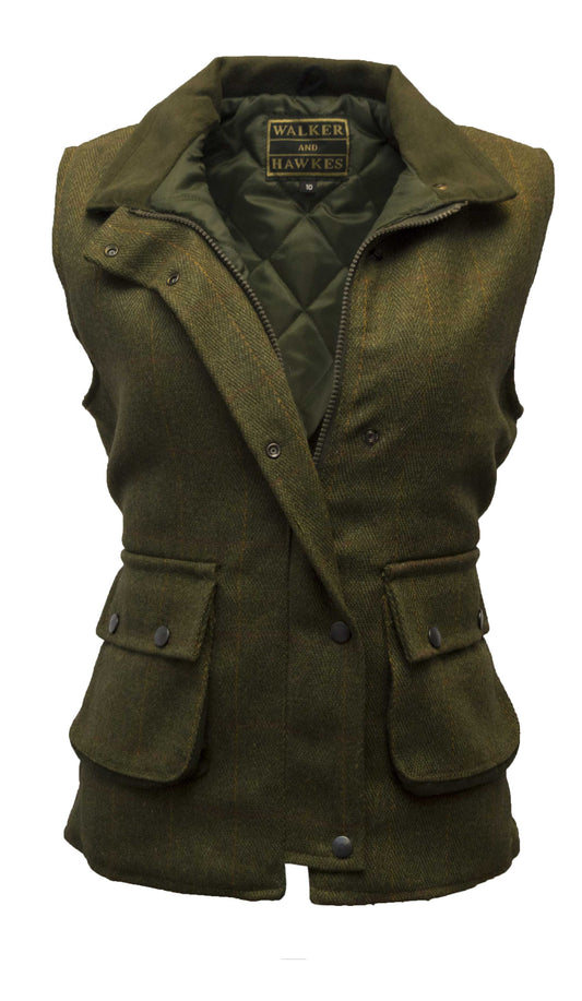 Walker & Hawkes Dark Sage Ladies Derby Tweed Shooting Gilet