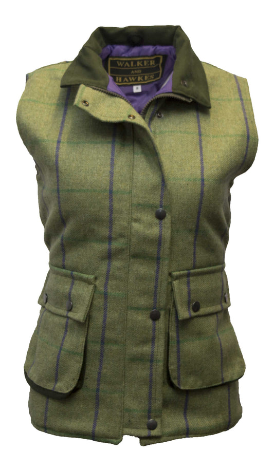 Walker & Hawkes Ladies Derby Tweed Shooting Gilet with Purple overcheck