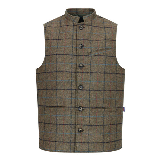 Walker & Hawkes Nehru Abraham Moon Green Overcheck Tweed Waistcoat