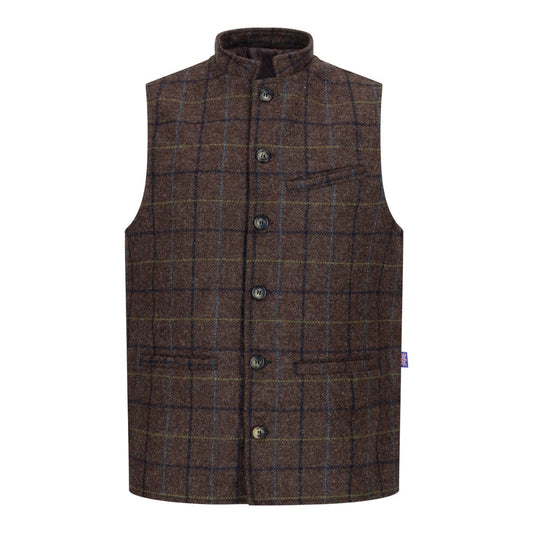 Walker & Hawkes Nehru Abraham Moon Brown Overcheck Tweed Waistcoat