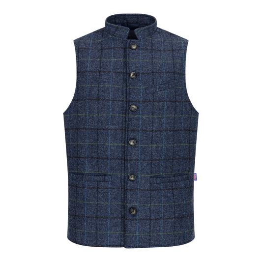 Walker & Hawkes Nehru Abraham Moon Blue Overcheck Tweed Waistcoat