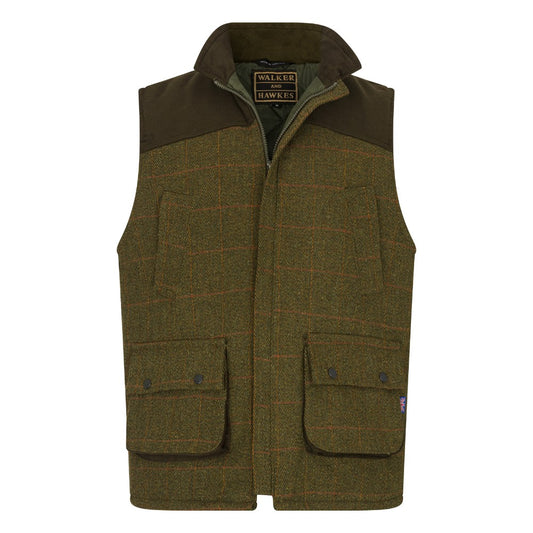 Men's Walker & Hawkes Tweed Shooting Gilet W/Shoulder Patch in Dark Sage