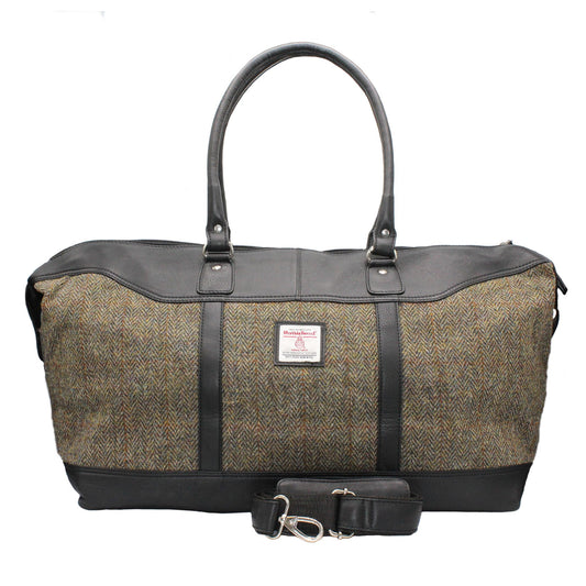 Harris Tweed Green & Brown Herringbone Black Handle Travel Bag