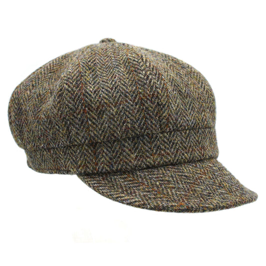 Harris Tweed Ladies Green & Brown Herringbone Baker Boy Cap