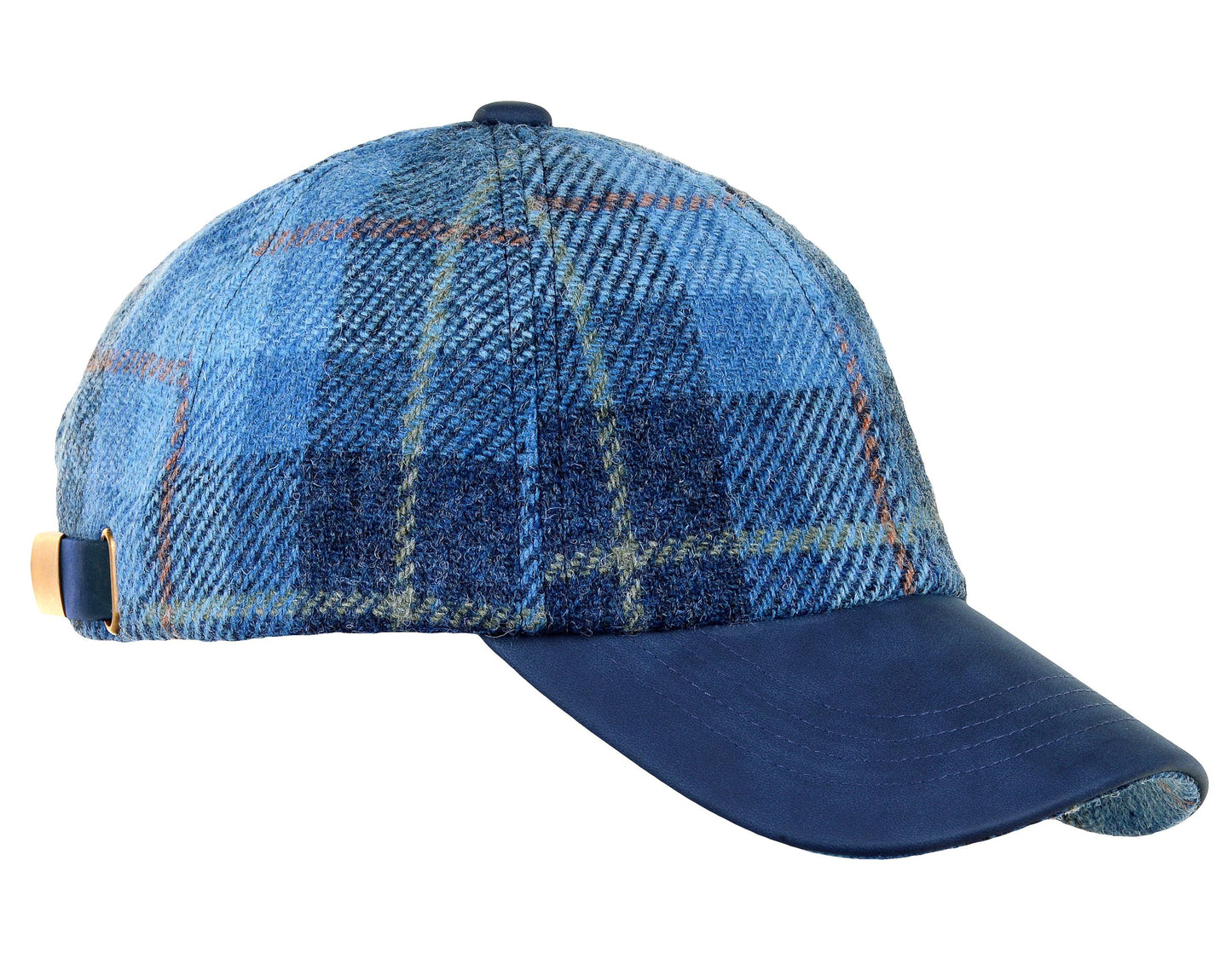 Harris Tweed Ladies Blue Pastel Check Leather Peak Baseball Cap