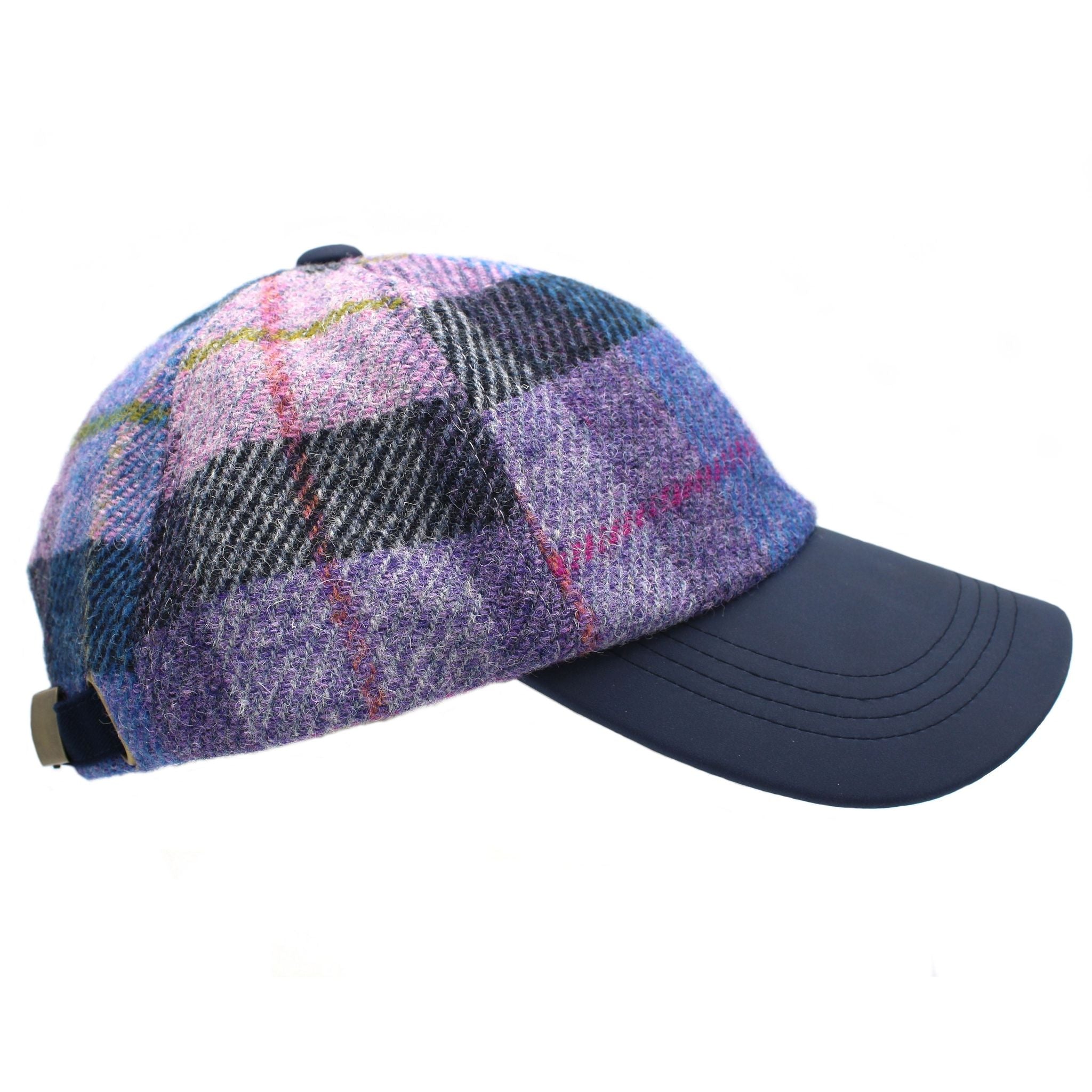 Harris Tweed Ladies Lilac Pastel Check Leather Peak Baseball Cap One Size