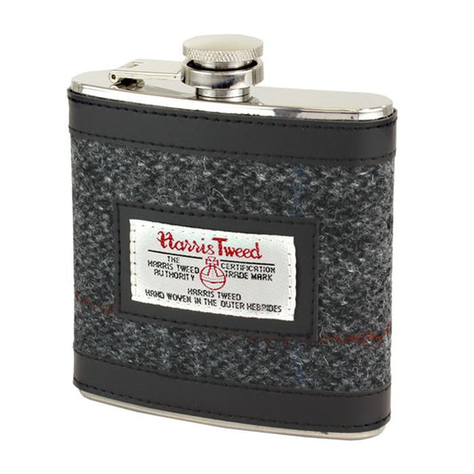 Harris Tweed Hip Flask in Dark Grey Check Tweed