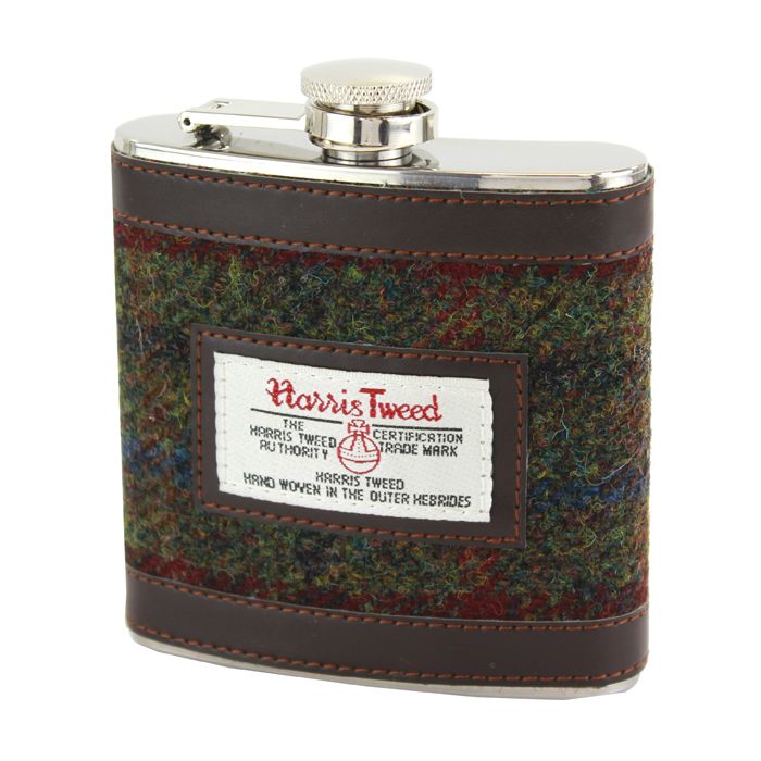 Harris Tweed Hip Flask in Green Check Tweed