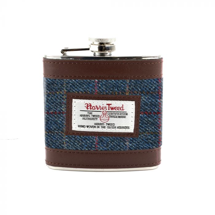 Harris Tweed Hip Flask in Blue Check Tweed