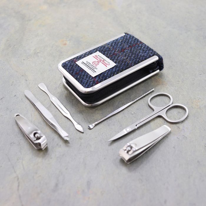 Harris Tweed Manicure Set in Blue Check Tweed