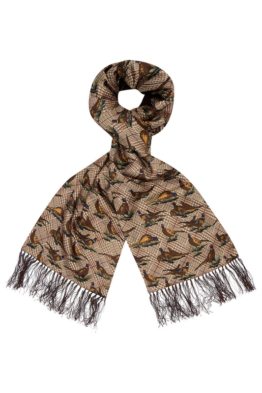 Pheasants on Tweed Ground Wool & Silk Scarf