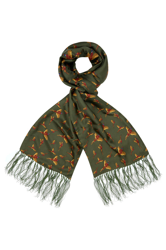 Flying Pheasants Green Wool & Silk Scarf